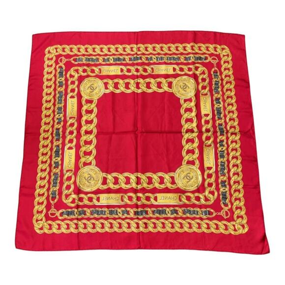 CHANEL Coco Mark Logo Red Chain Pattern Silk Scarf/Stole W/Box - Picture 5 of 16